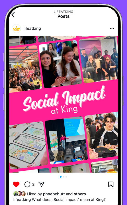 A "Social Impact at King" Instagram post featuring a collage of workplace events and activities with employees.