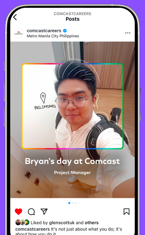 A selfie of a man wearing glasses and a backpack, with a text overlay, "Bryan's day at Comcast – Project Manager."
