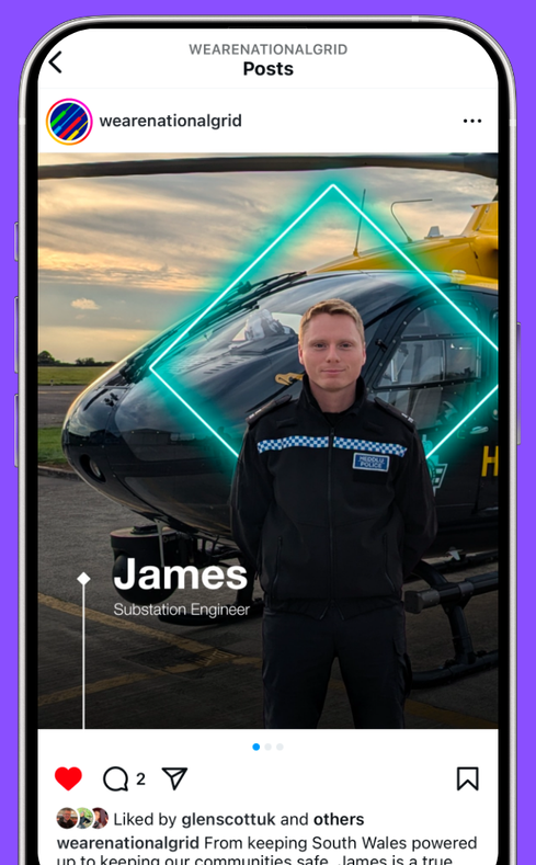 James, a substation engineer, stands in front of a helicopter with a glowing geometric overlay.