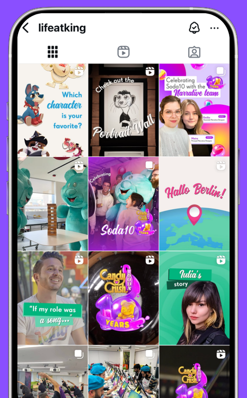 A colorful Instagram grid from "lifeatking" featuring various workplace events, celebrations, and employee highlights.