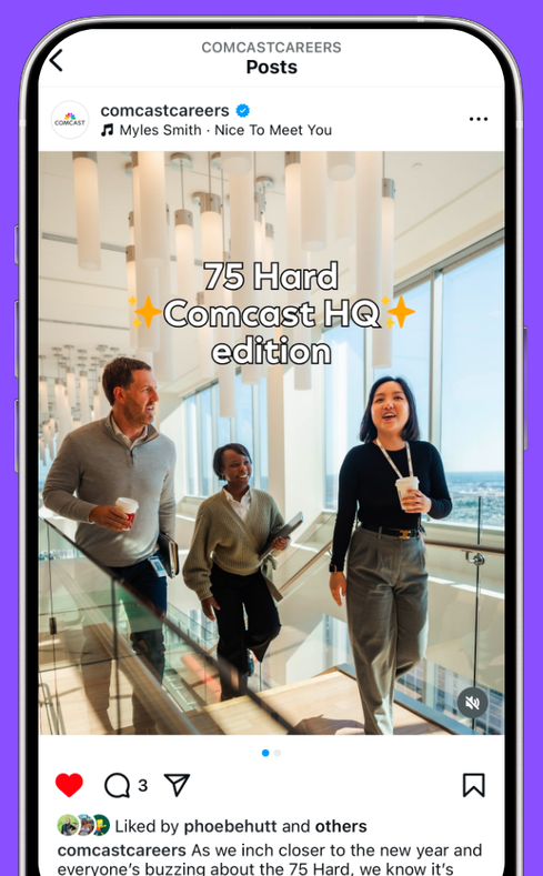 An Instagram post from "comcastcareers" featuring three employees walking in a modern office, holding coffee, with a text overlay, "75 Hard Comcast HQ edition."