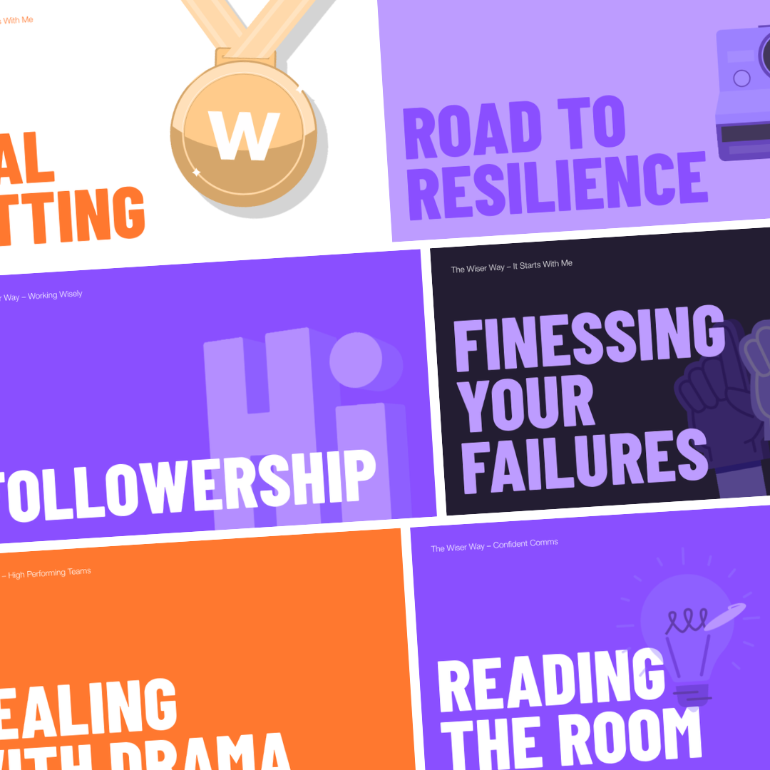 A collage of educational course slides with vibrant colors, bold typography, and illustrations, covering topics like leadership, communication, productivity, resilience, and teamwork. Each slide has a unique design emphasizing key learning concepts.