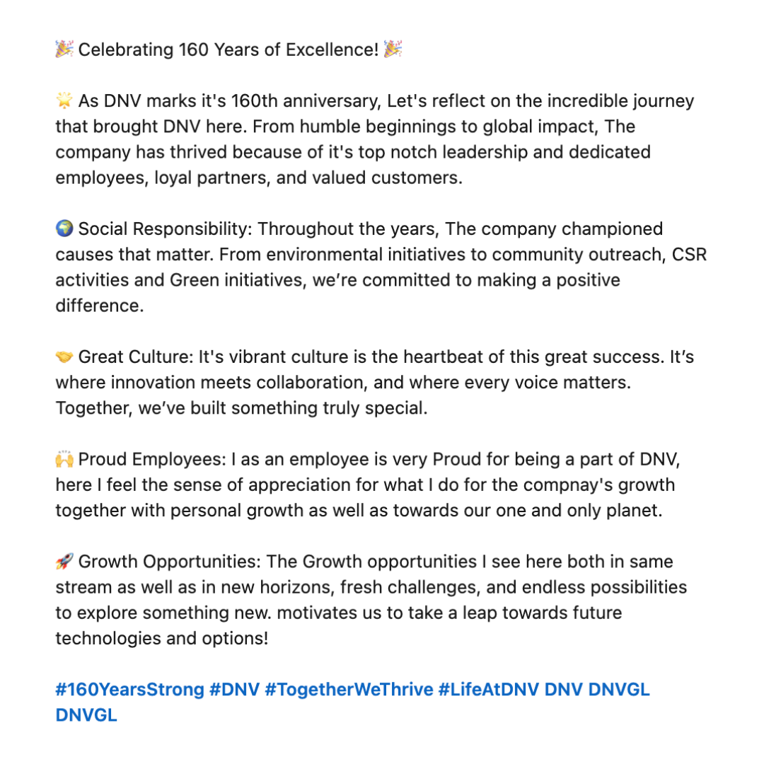 LinkedIn post from a DNV Ambassador sharing his learnings on the company's 160 year anniversary