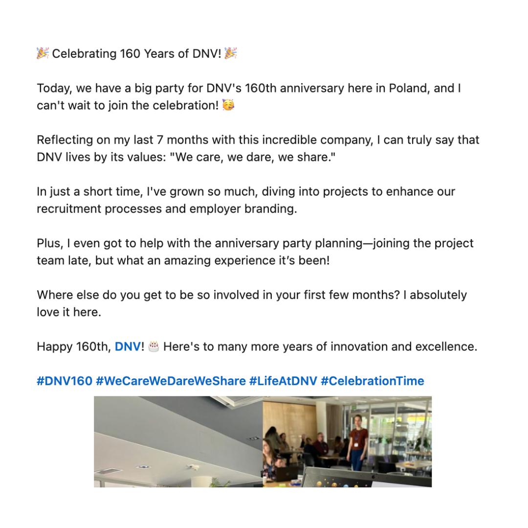 Employees gather in a modern office space decorated for DNV’s 160th anniversary. The diverse team engages in conversations and celebrations, reflecting inclusive culture and strong employee advocacy. #CelebrationTime #LifeAtDNV