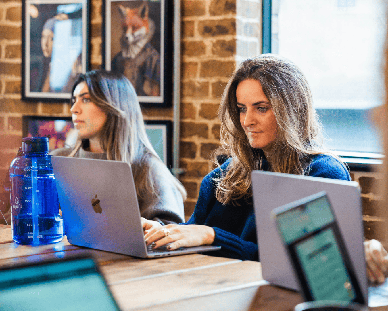 Two women focused on their laptops in a modern office with exposed brick walls. A large water bottle and framed artwork, including a fox portrait, add character to the scene.