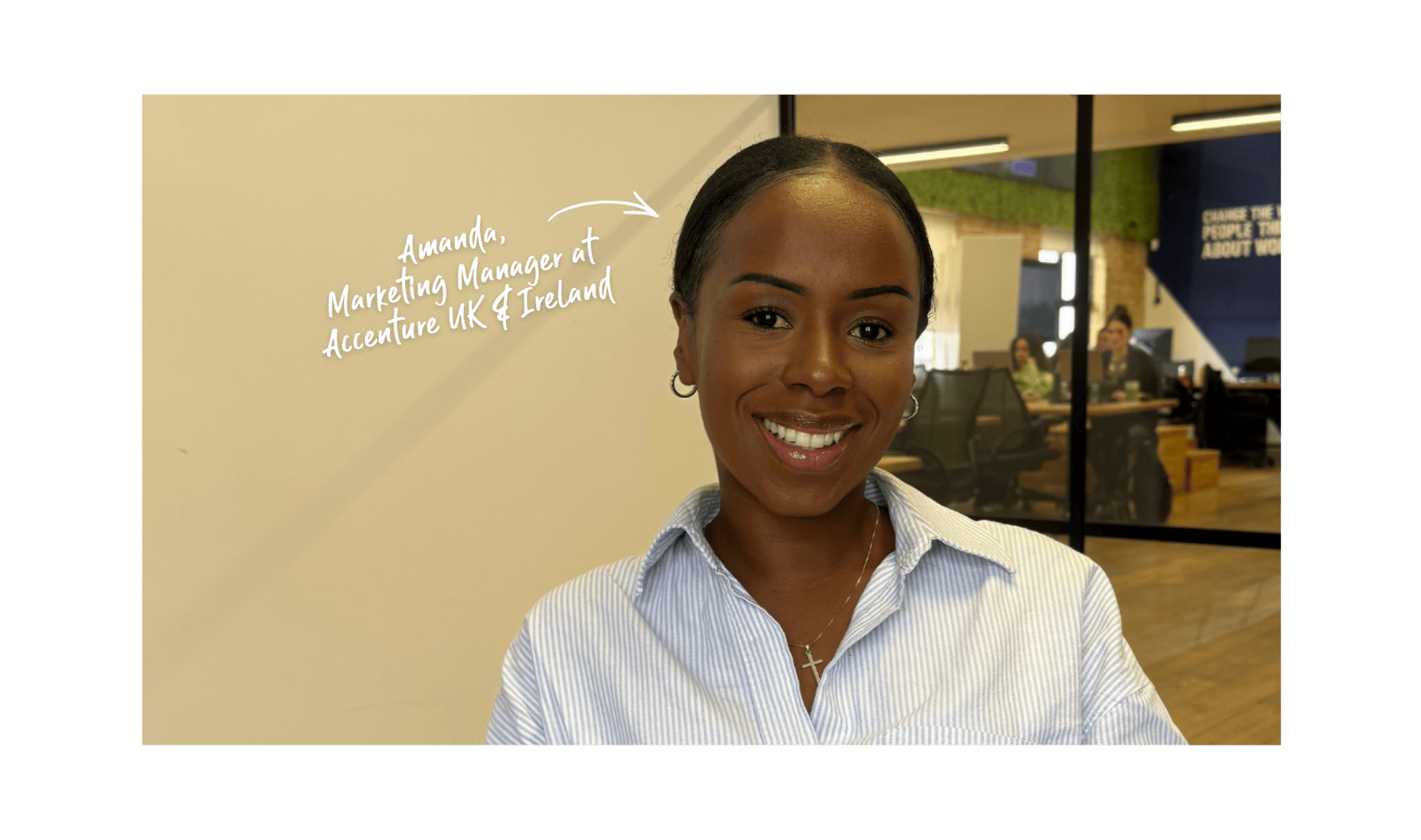 A woman in a light blue shirt smiles in an office setting, with blurred colleagues in the background. Text identifies her as a marketing manager.