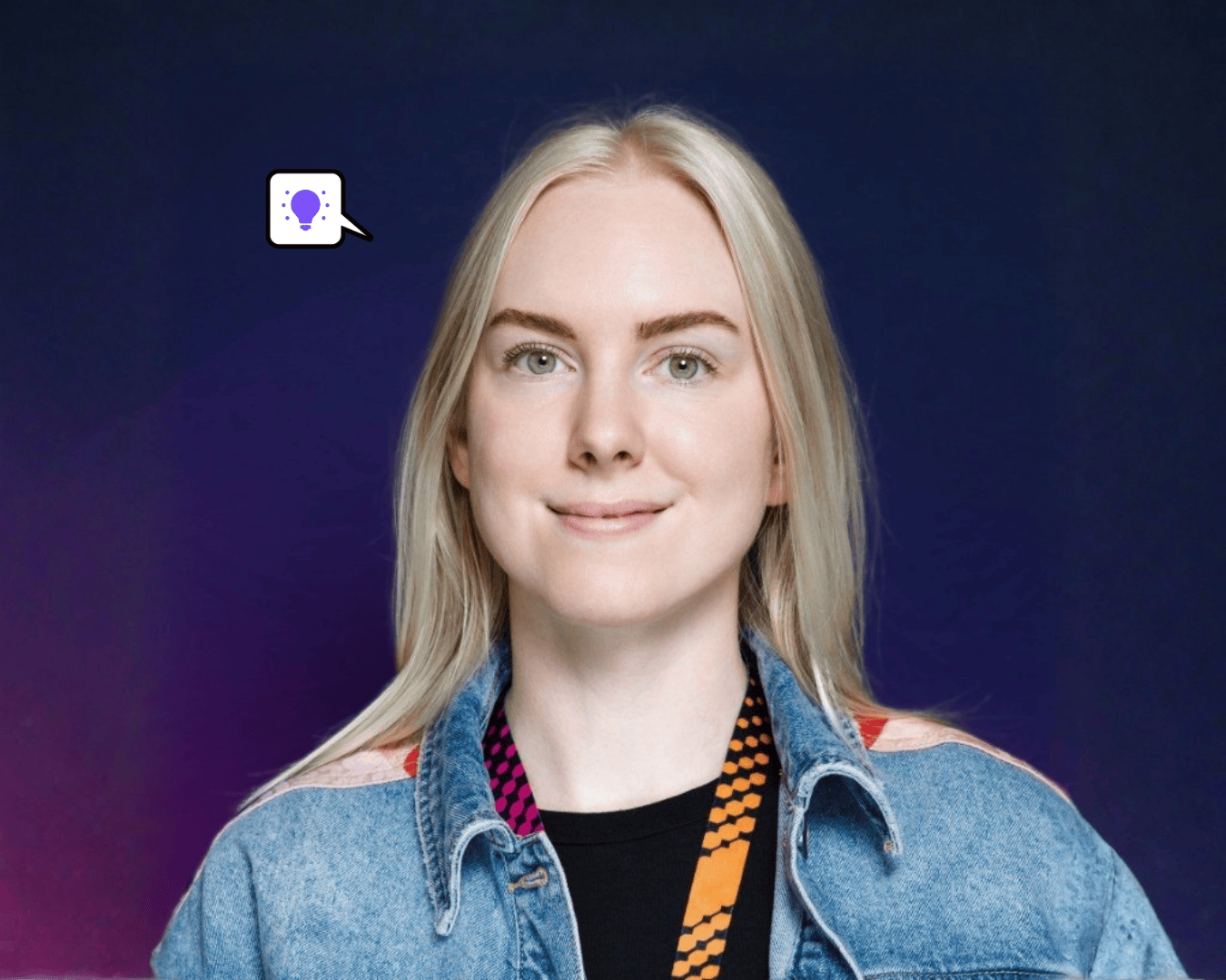 A smiling person with long blond hair in a denim jacket stands against a dark blue gradient background. A speech bubble with a lightbulb icon is next to them.