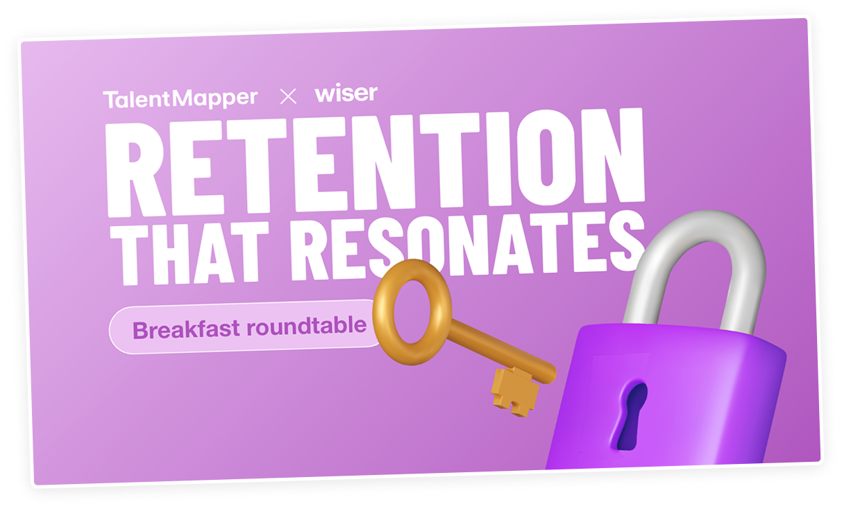 A purple poster titled "Retention That Resonates" with a breakfast roundtable theme. Features a 3D padlock and key. Tone is professional and inviting.