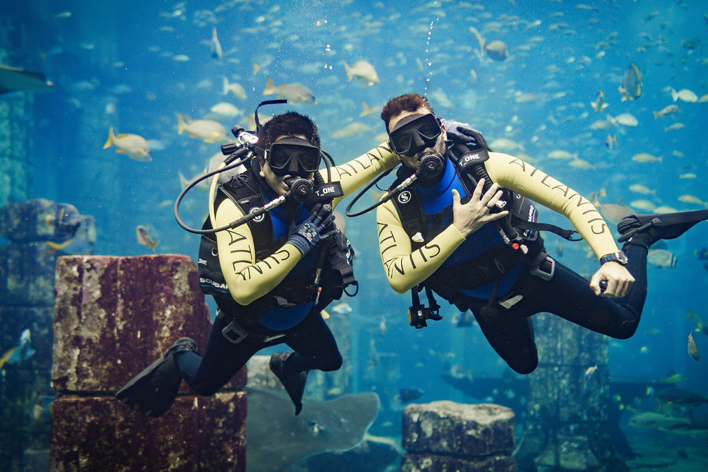Two scuba divers in full wetsuits and breathing equipment float underwater, surrounded by tropical fish and stone ruins, posing together inside a large aquarium environment.