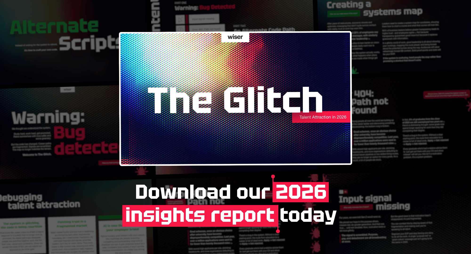 Image with a digital glitch effect displaying the words "The Glitch" in bold white font. Background features blurred text on tech themes. Bottom text: "Download our 2026 insights report today" in a striking red and white design.