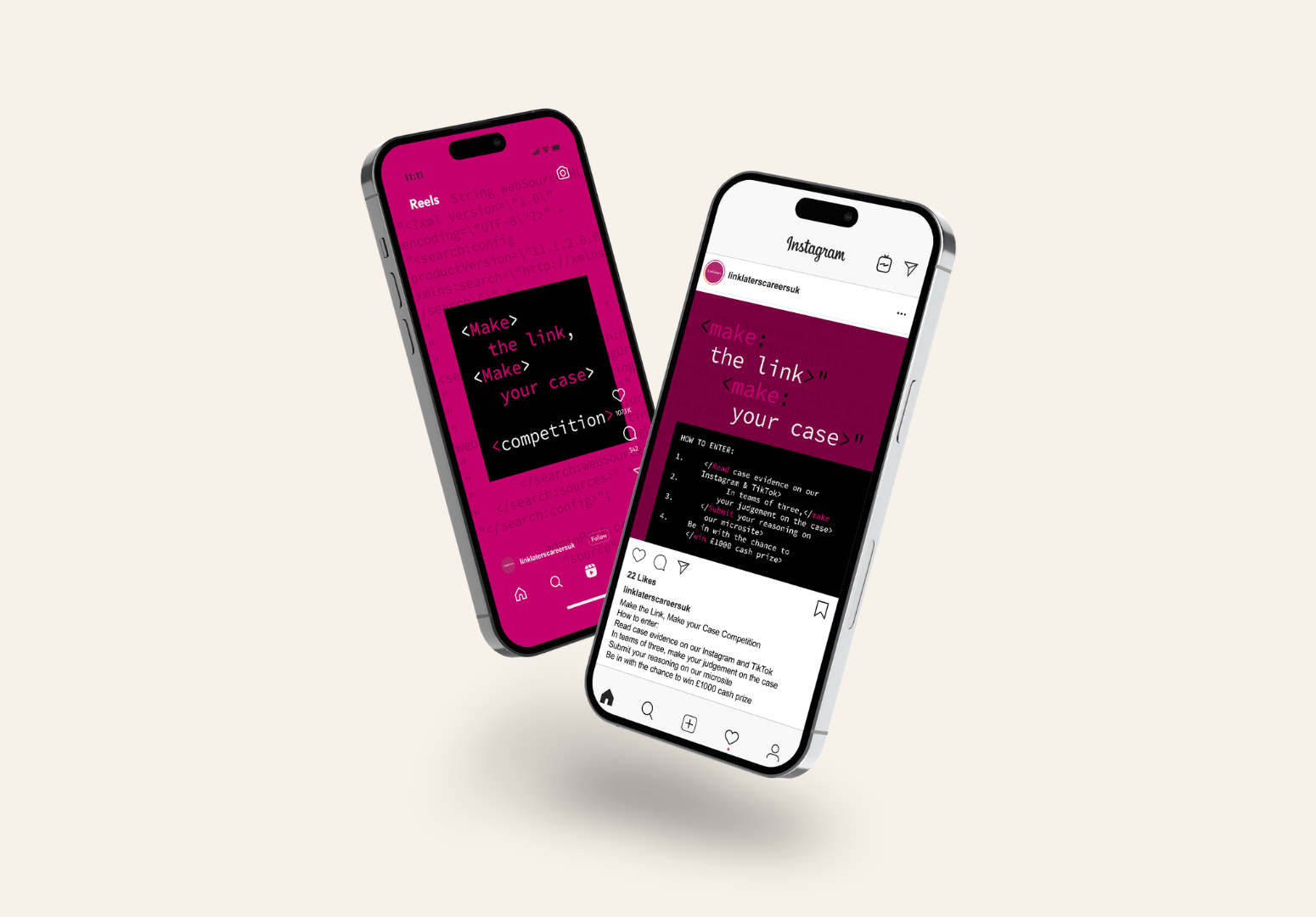 photo of two phones showing an instagram talent attraction campaign for Linklaters