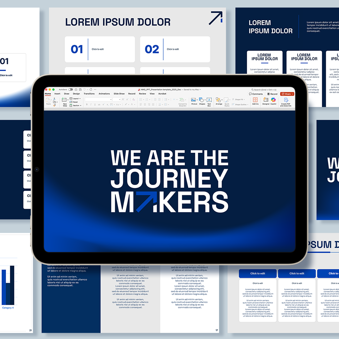 Tablet displaying "We Are the Journey Makers" overlaying presentation slides with placeholde