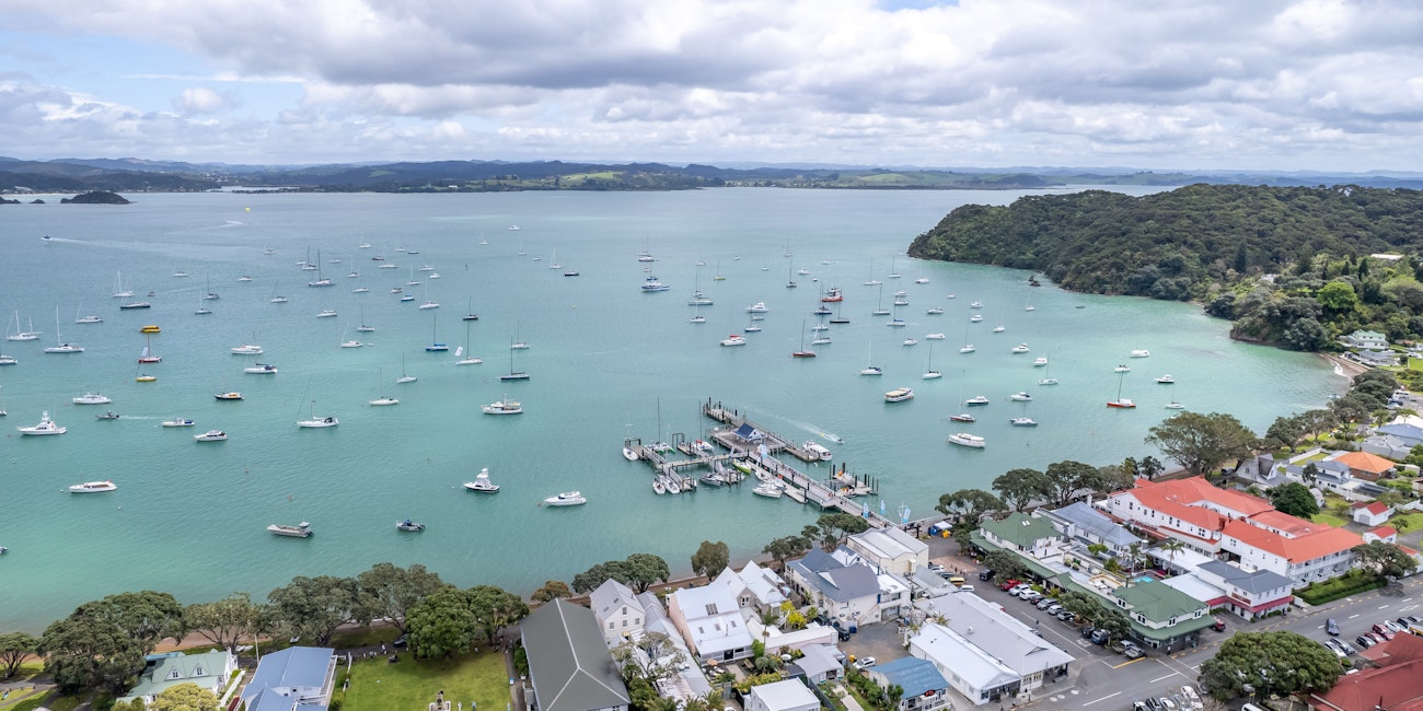 Aerial view of Russell harbour in New Zealand