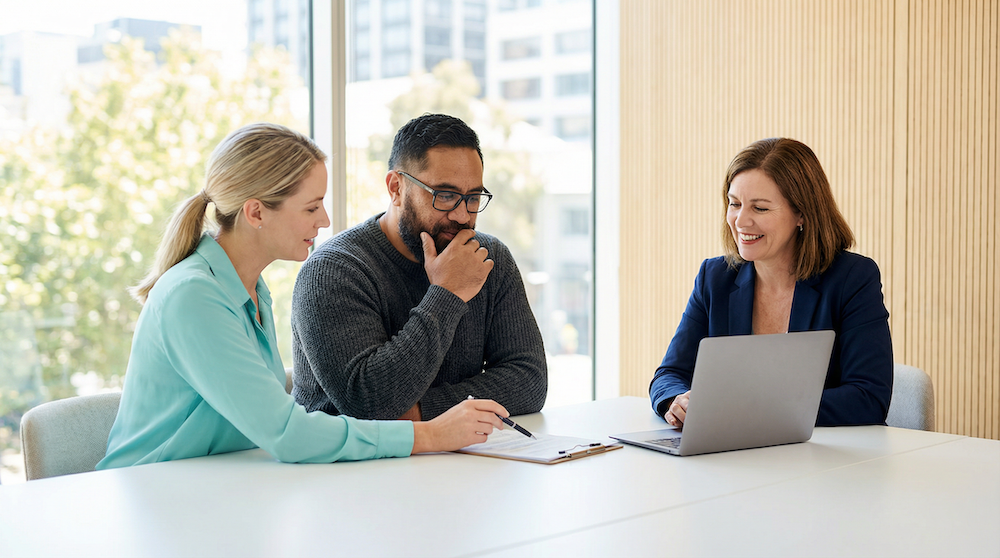 Three people sitting at an office table, reviewing notes.