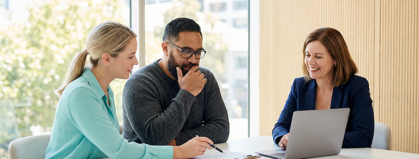 Three people sitting at an office table, reviewing notes.