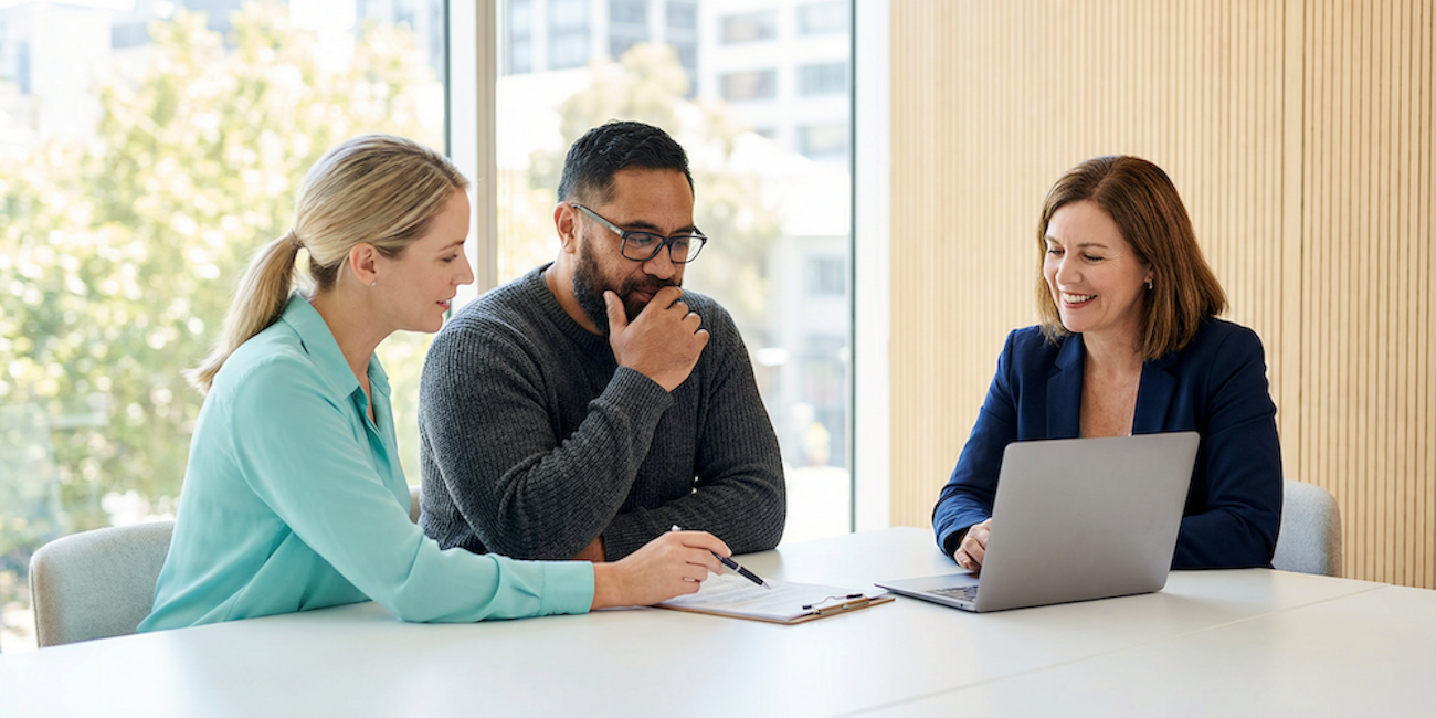 Three people sitting at an office table, reviewing notes.