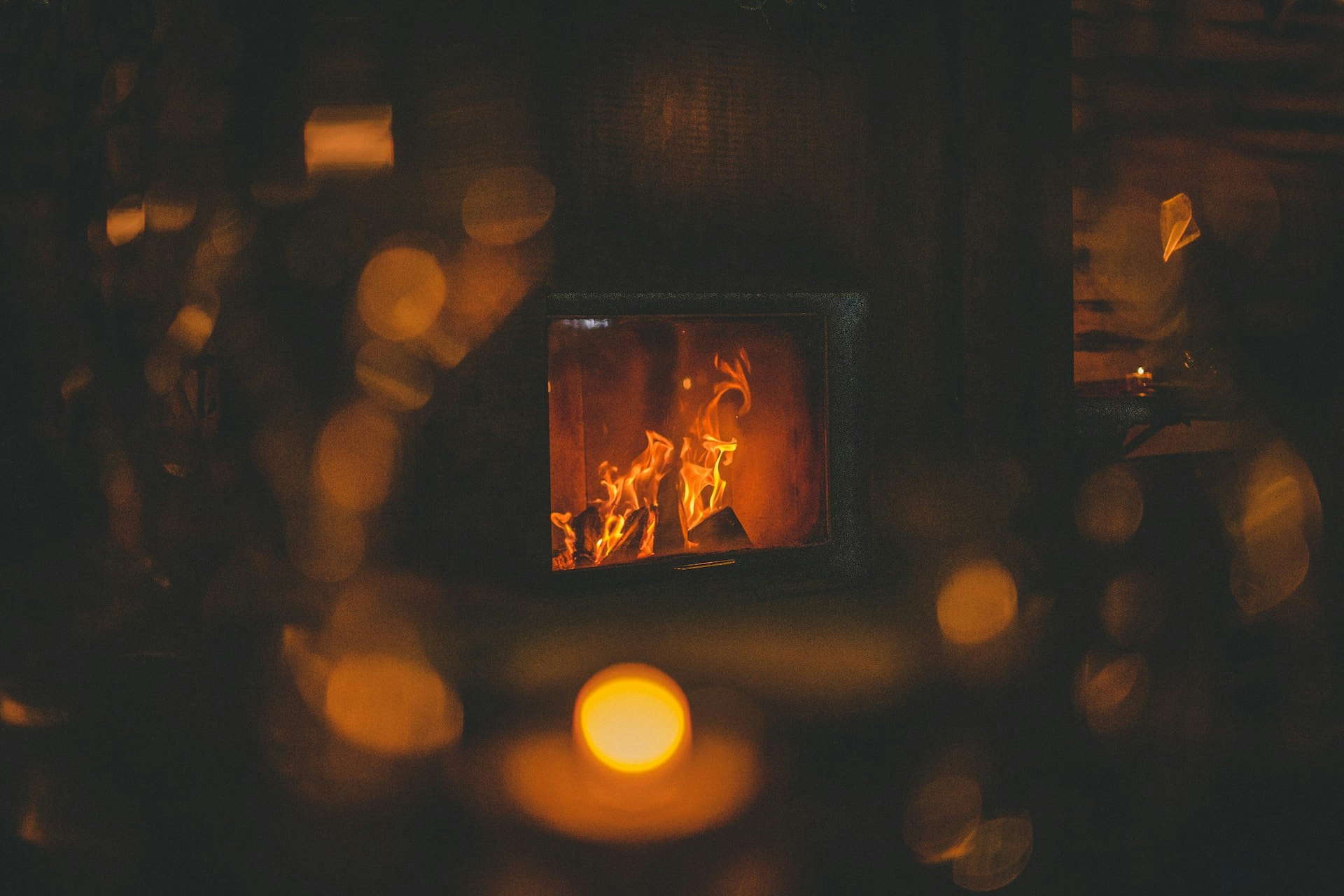 Cinematic fireplace shot with blurred embers