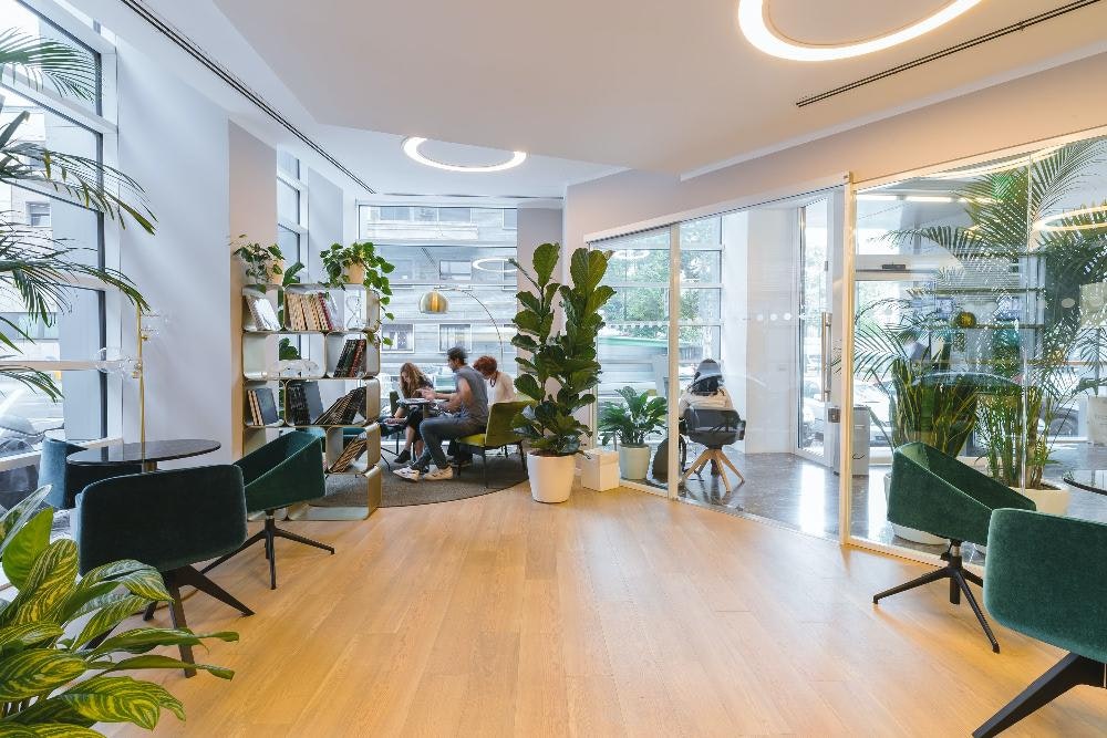Open space avec des personnes et des plantes vertes