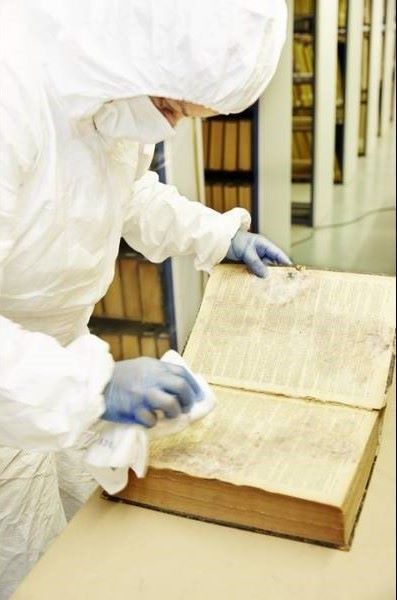 Technicien en tenue de protection en train de nettoyer des moisissures d'archives
