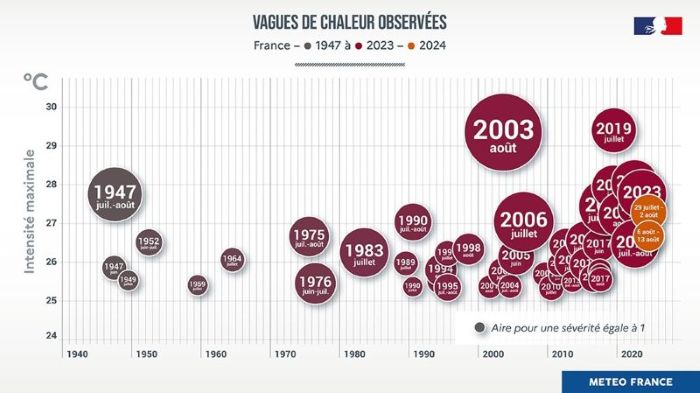 Graphique qui montre l'évolution du nombre et de l'intensité des vagues de chaleur en france