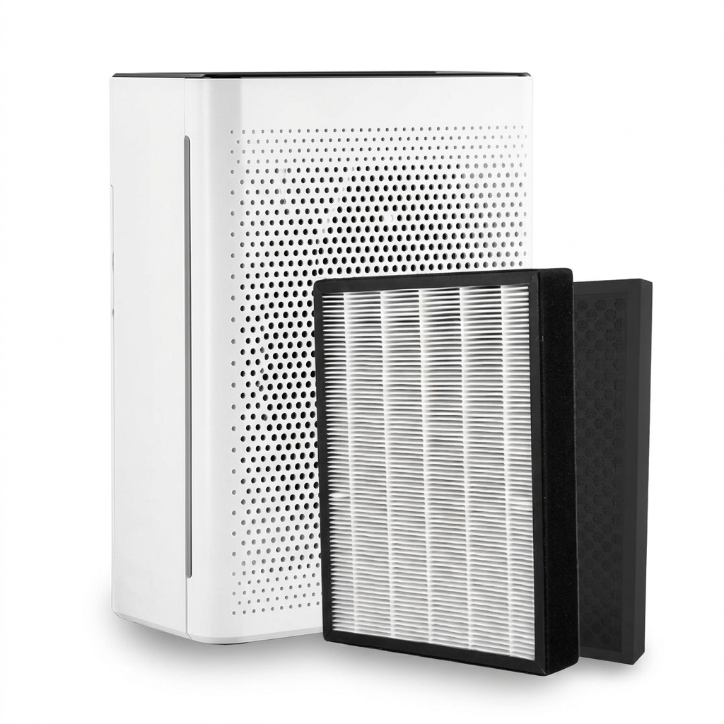 Photo du purificateur d'air A&S 100 Eco V2 et de son pack filtre 4
