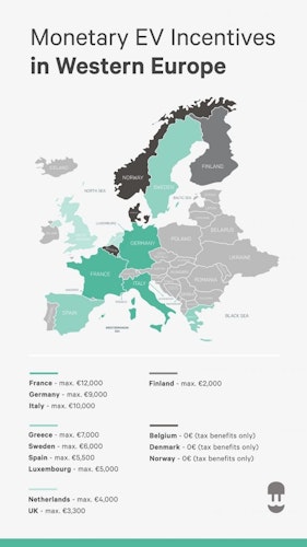 Map of monetary EV incentives in Europe