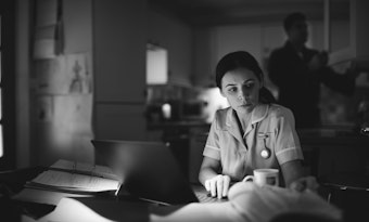 A nurse works on a laptop