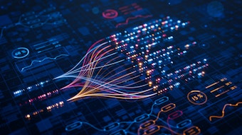 Abstract image showing colorful lines and data points forming a digital data visualisation on a dark background.