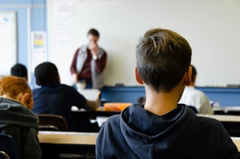 A group of school children sit in class as a teacher presents next to a whiteboard