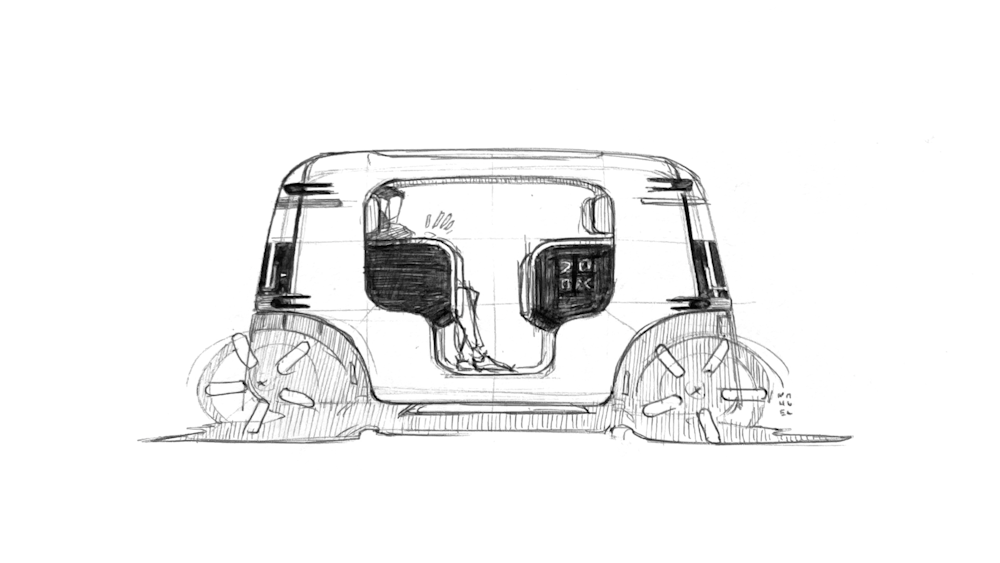 A sketch illustrating the Zoox vehicle design