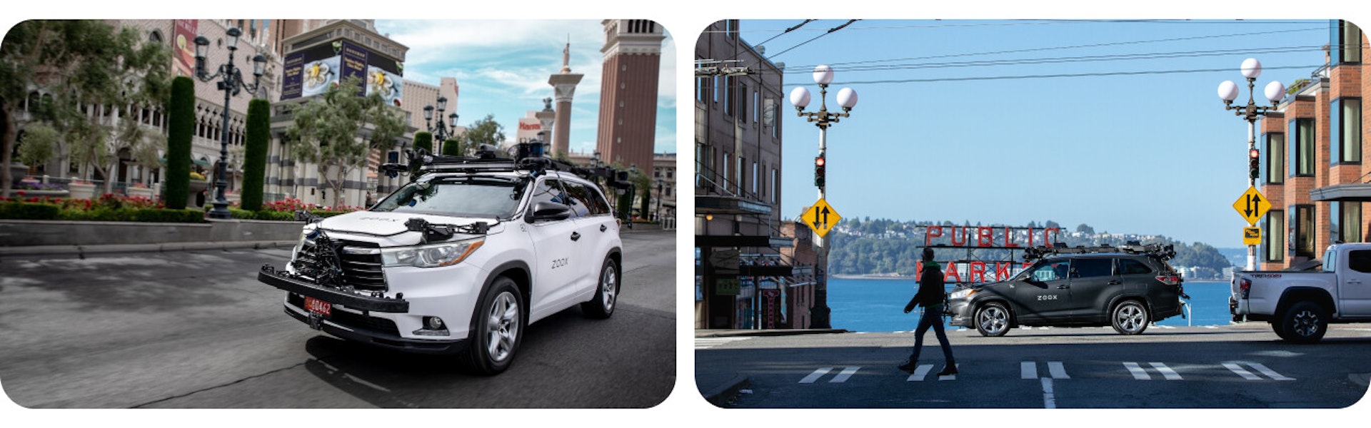 zoox test vehicle white and black toyota highlander in las vegas and seattle