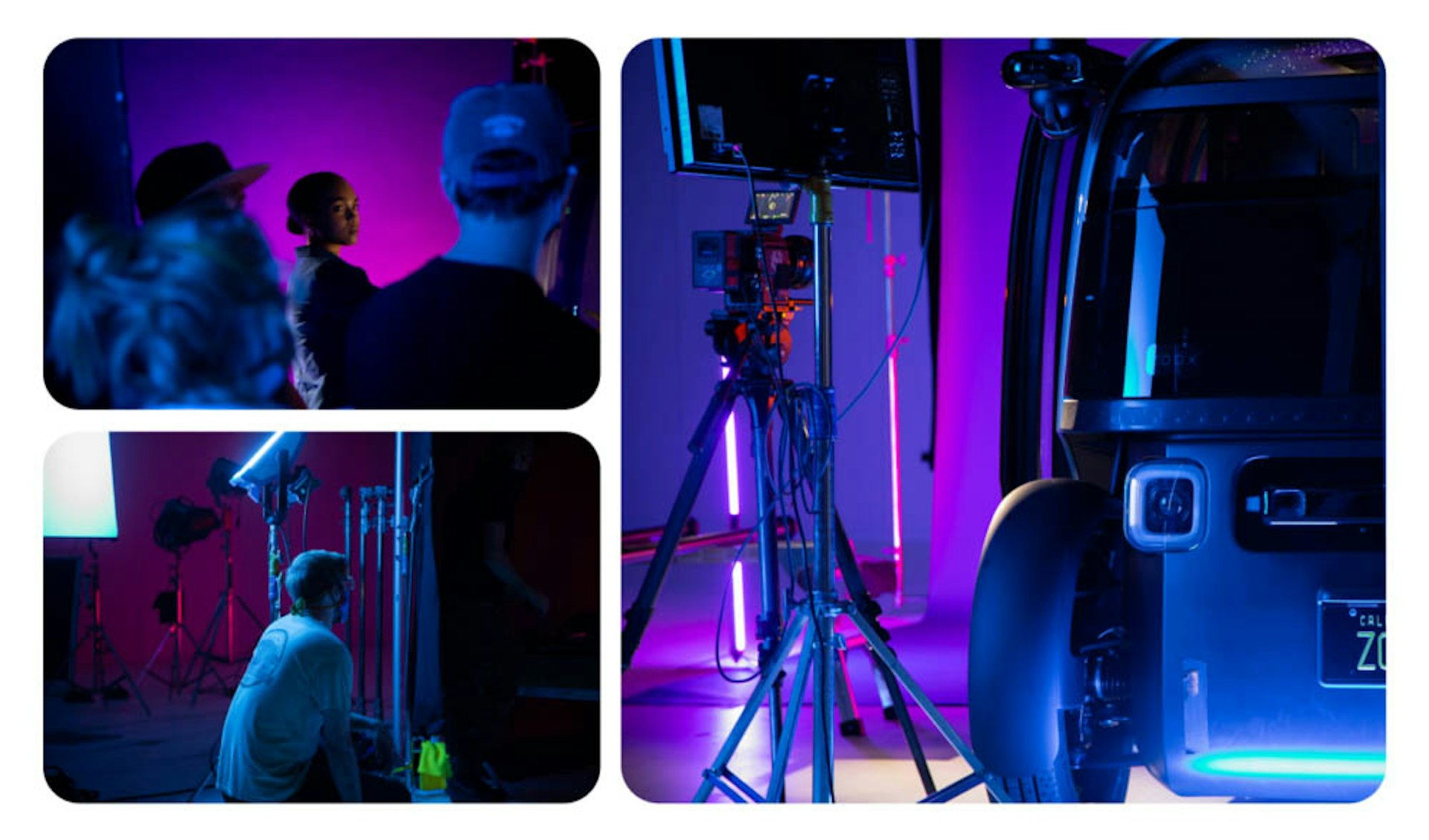 zoox reveal photoshoot with neon lights and the robotaxi and a woman behind the scenes