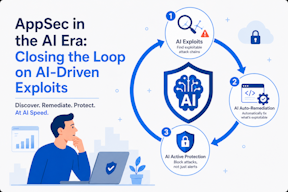 Diagram of a closed-loop AI security platform showing three connected stages, discovery of AI exploit chains, automated remediation, and runtime protection.