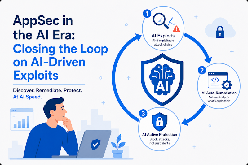 Diagram of a closed-loop AI security platform showing three connected stages, discovery of AI exploit chains, automated remediation, and runtime protection.
