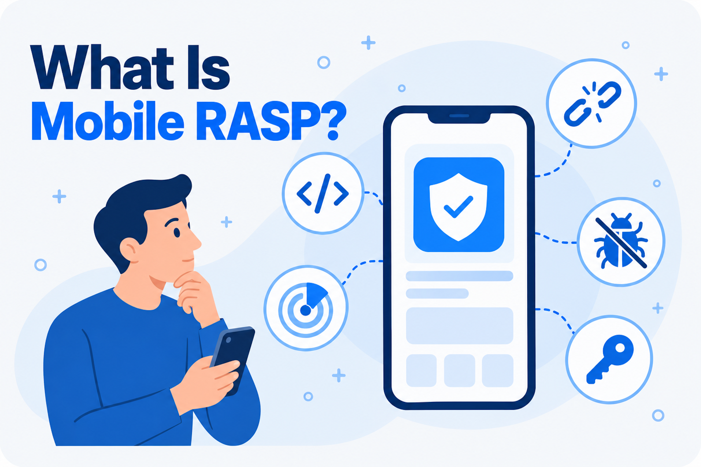 Illustration of a smartphone with a shield inside its screen, surrounded by app protection icons, for an article explaining mobile RASP.