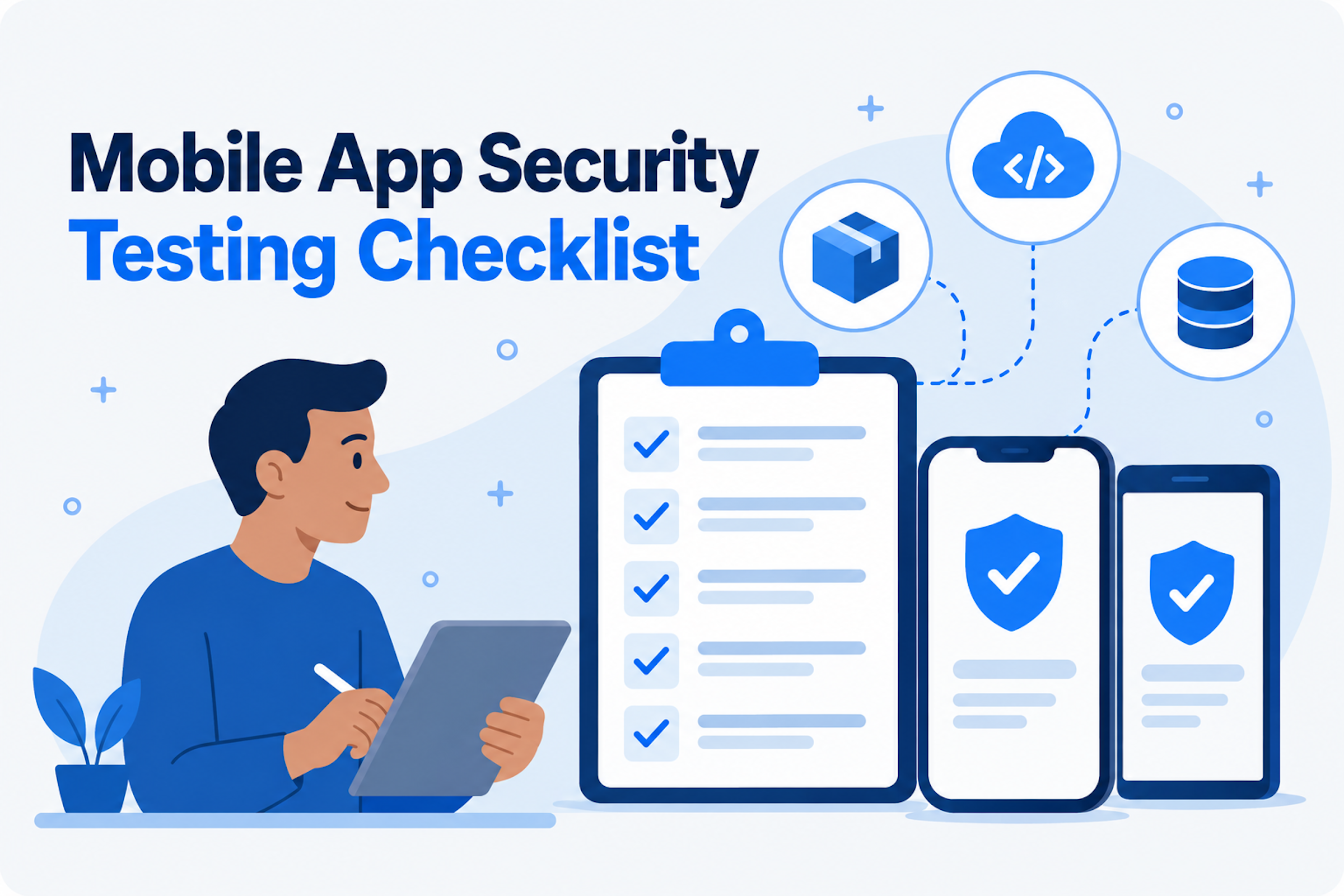 Illustration of a checklist with check marks beside two smartphones and icons for SDKs, APIs and data storage, for a mobile app security testing checklist.