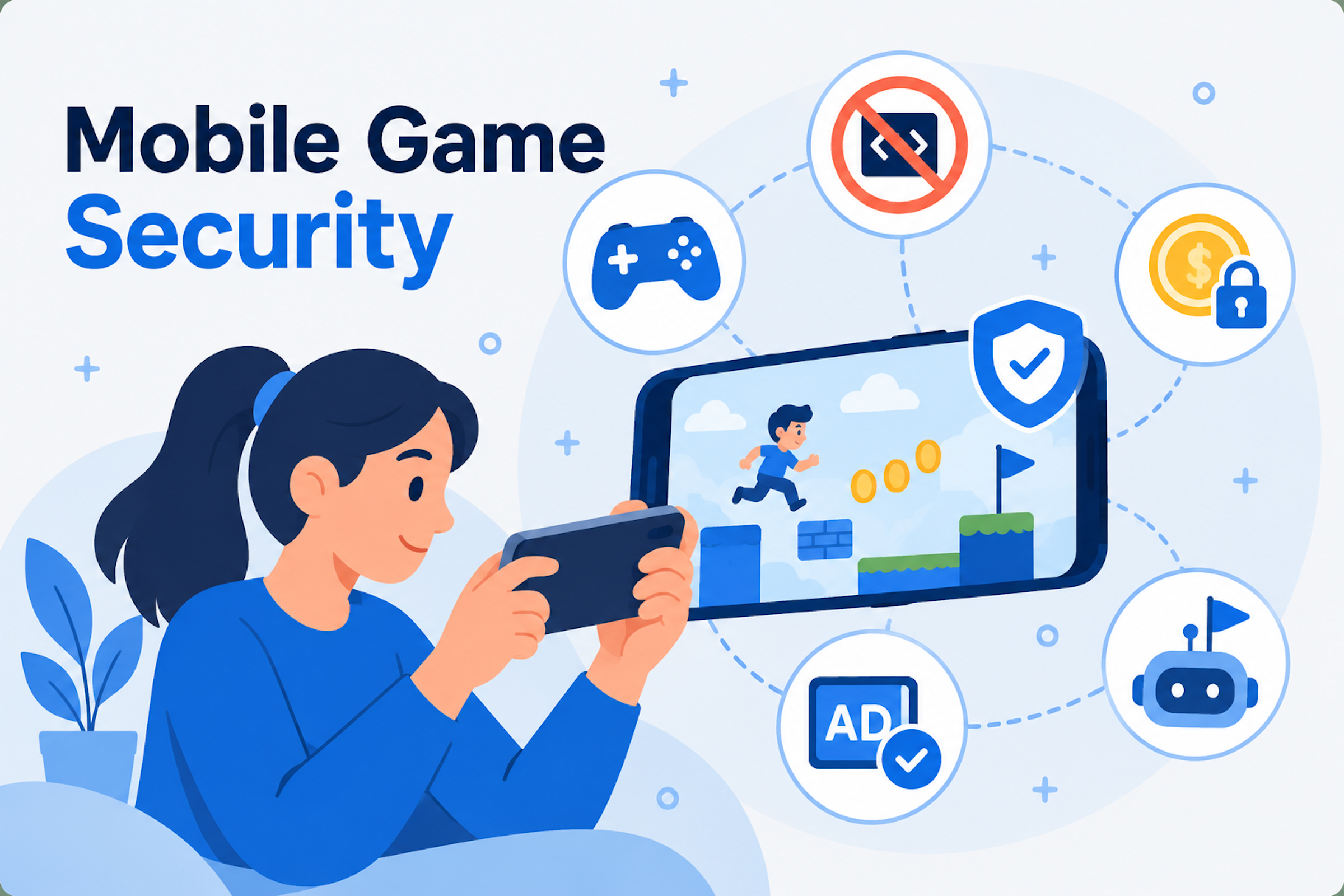 Illustration of a person playing a mobile game protected by a shield, with icons for anti-cheat, purchase protection and bot detection, for an article on mobile game security.