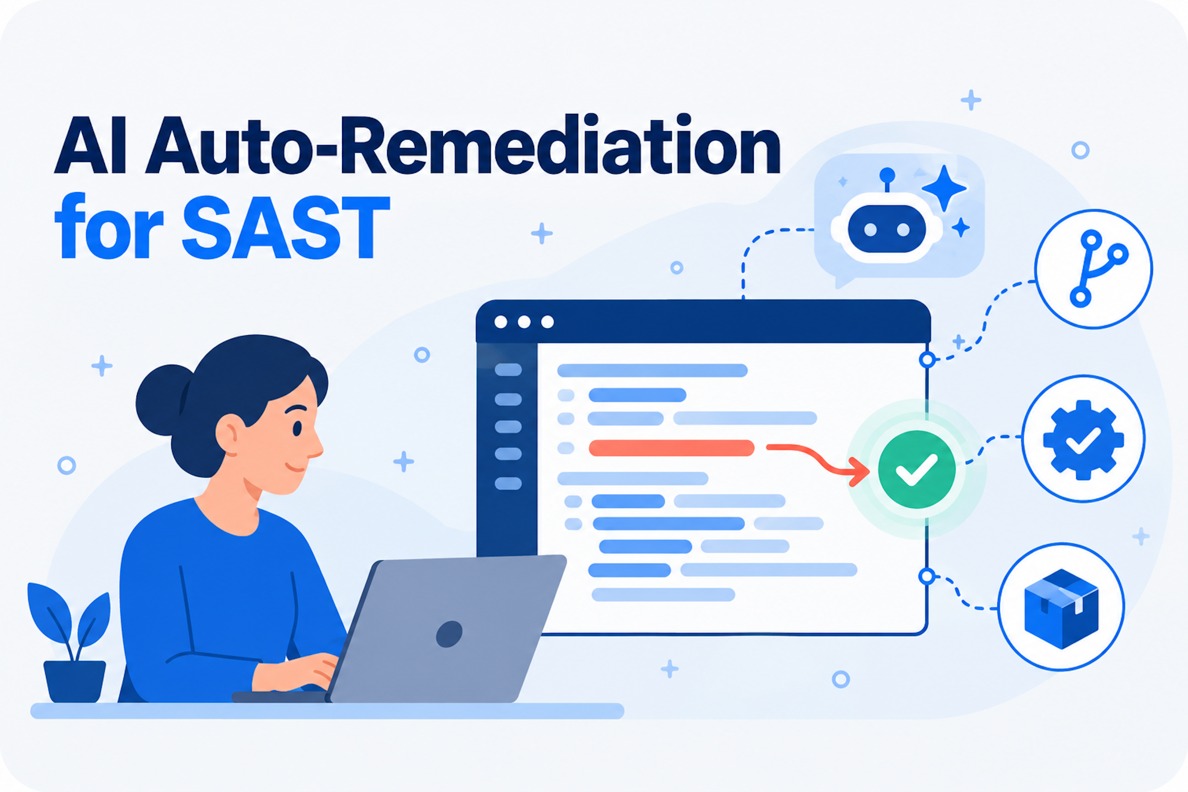 Illustration of a code window where a flagged line is fixed and checked, with an AI assistant and merge icons, for an article on AI auto-remediation for SAST.