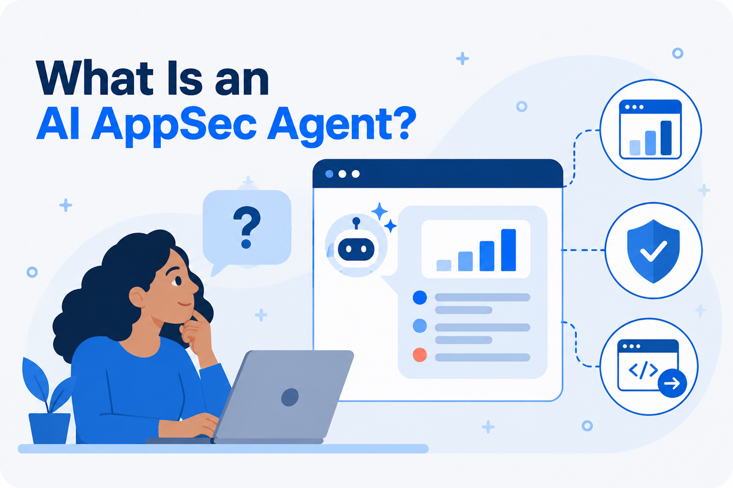 Illustration of a person asking an AI assistant a question and receiving a prioritized answer from a security dashboard, for an article explaining AI AppSec agents.