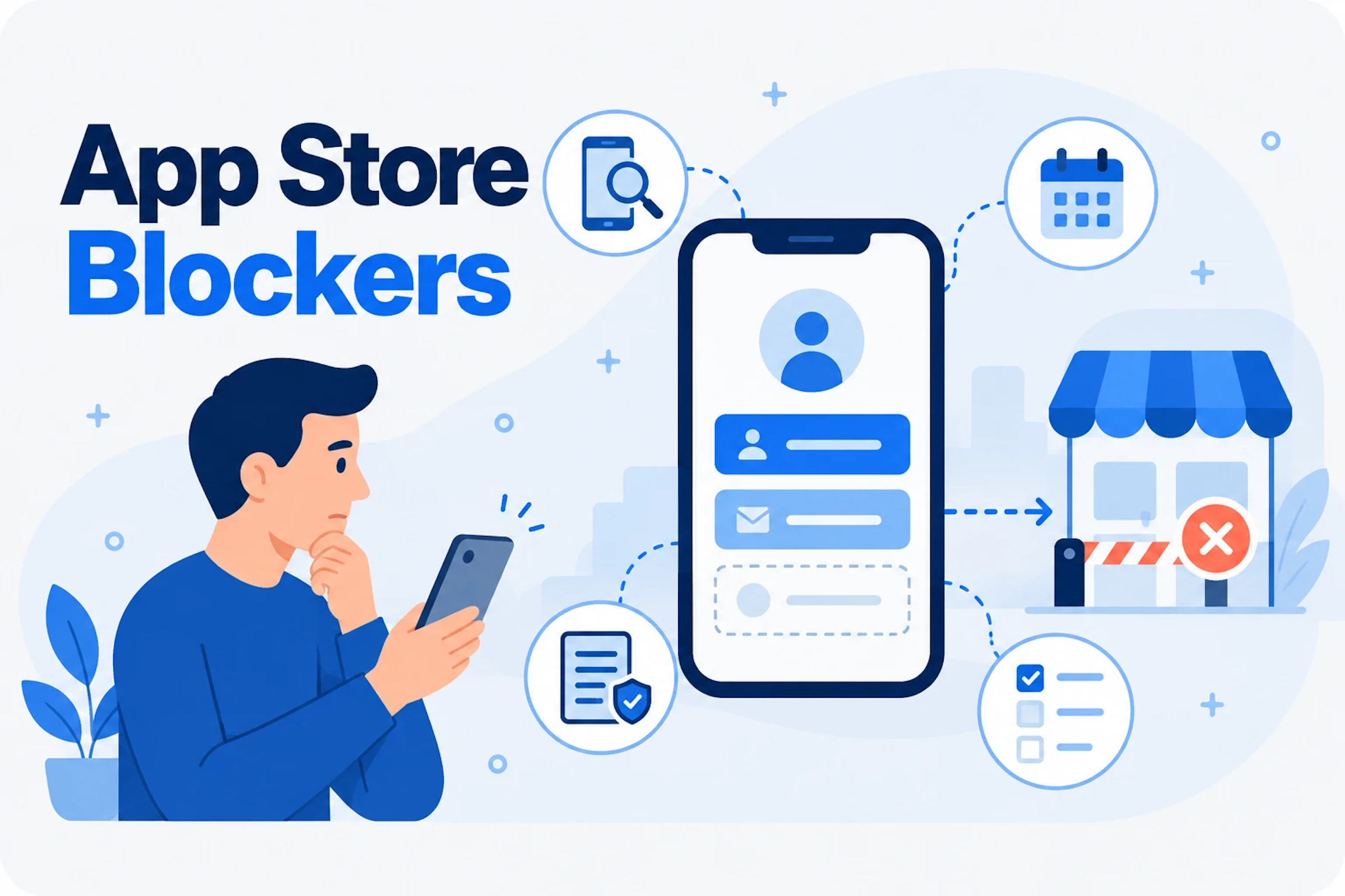 Illustration of a phone submission stopped at a store gate, with a missing sign-in option highlighted, for an article on App Store blockers.