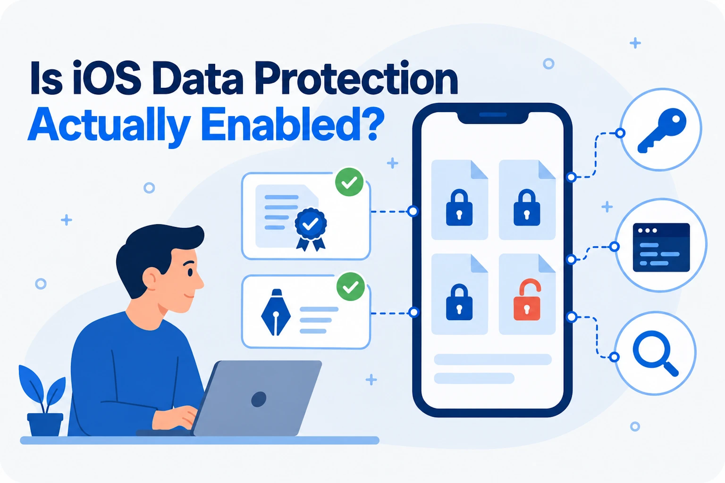 Illustration of a phone with locked files and one unlocked file, linked to a provisioning profile and code signature, for an article on verifying iOS Data Protection.
