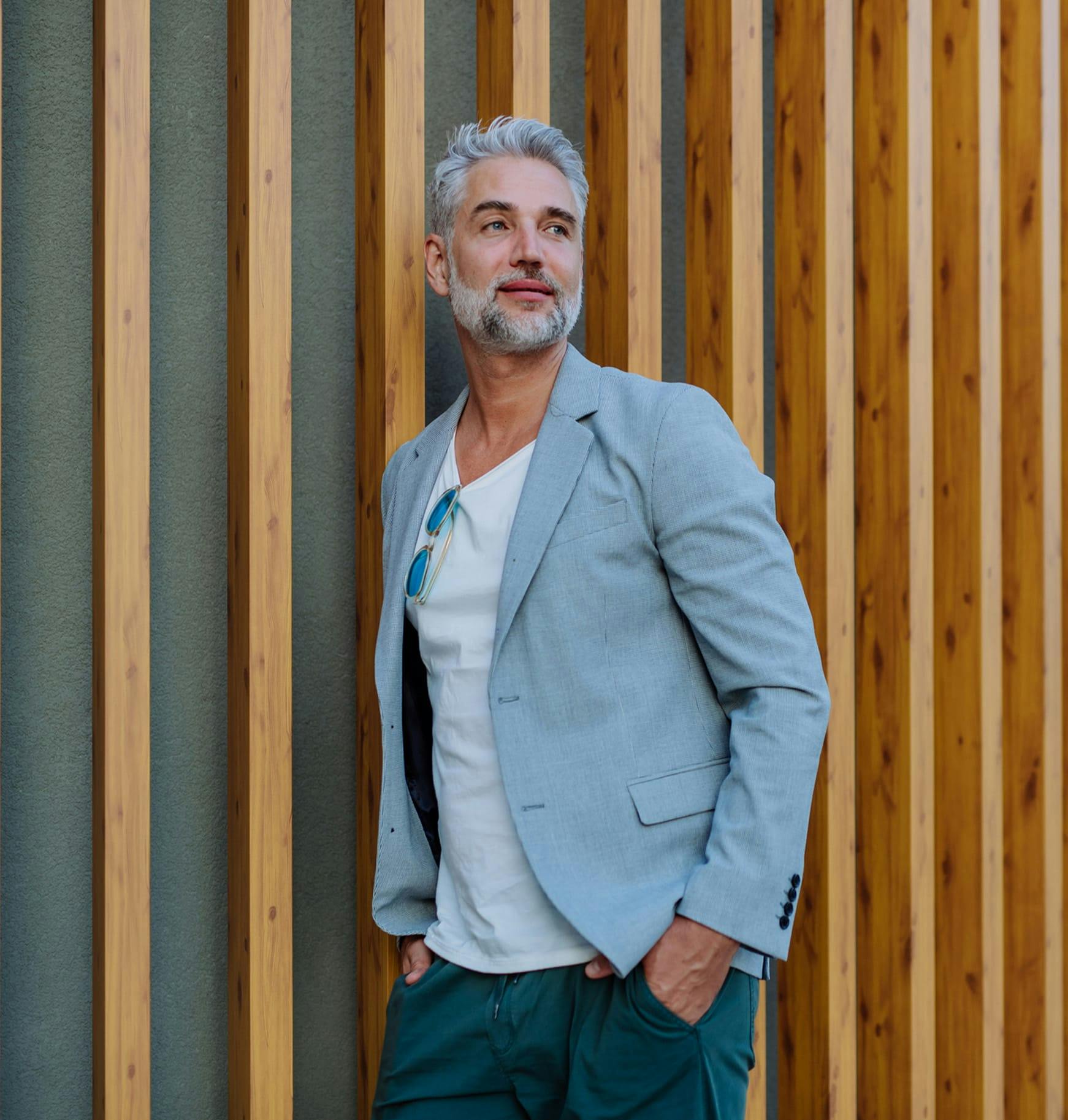 Handsome man in a grey suit jacket