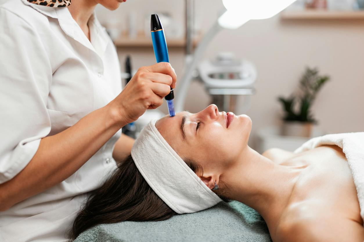 Provider performing a skin treatment on a patient lying back in a treatment room
