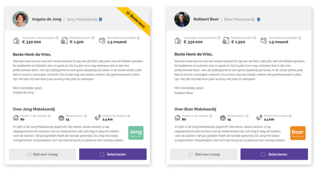 Example responses from real estate agents to a property