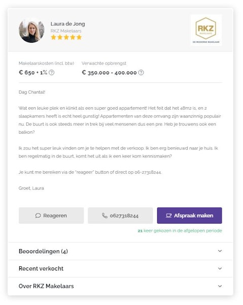 Voorbeeldreactie van een makelaar