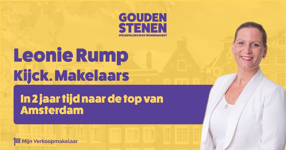 Cover van de Gouden Stenen Podcast met Leonie Rump van Kijck Makelaars uit Amsterdam