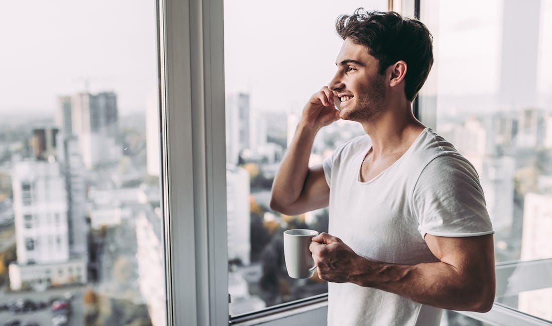 on phone in highrise