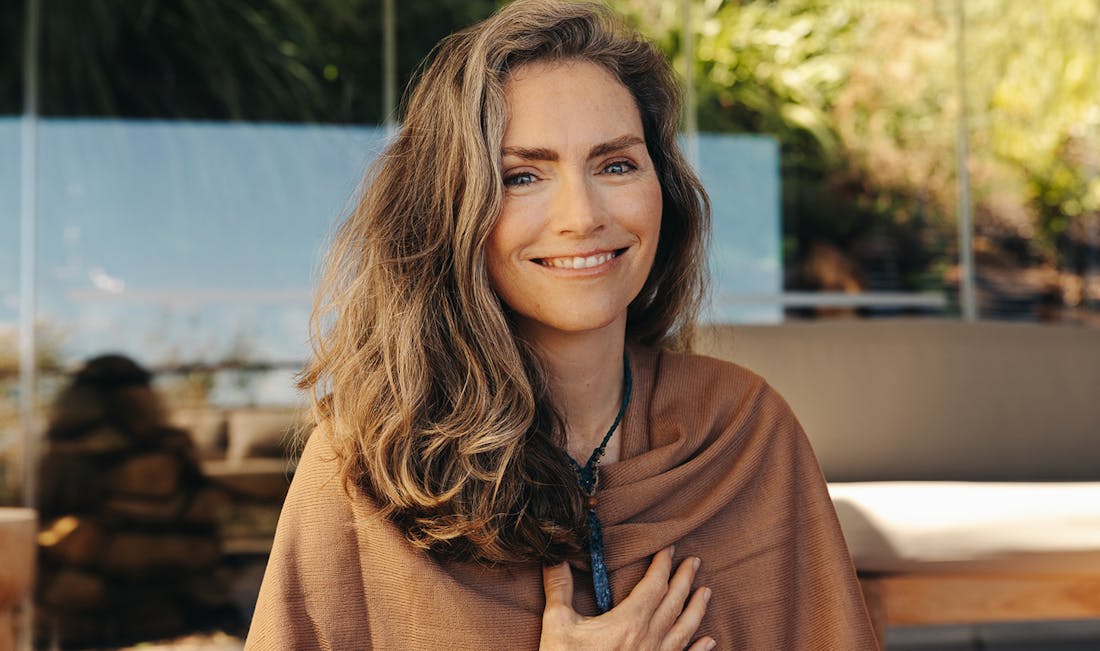 smiling in striped long sleave