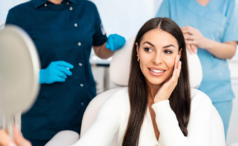 woman looking at herself in a handheld mirror