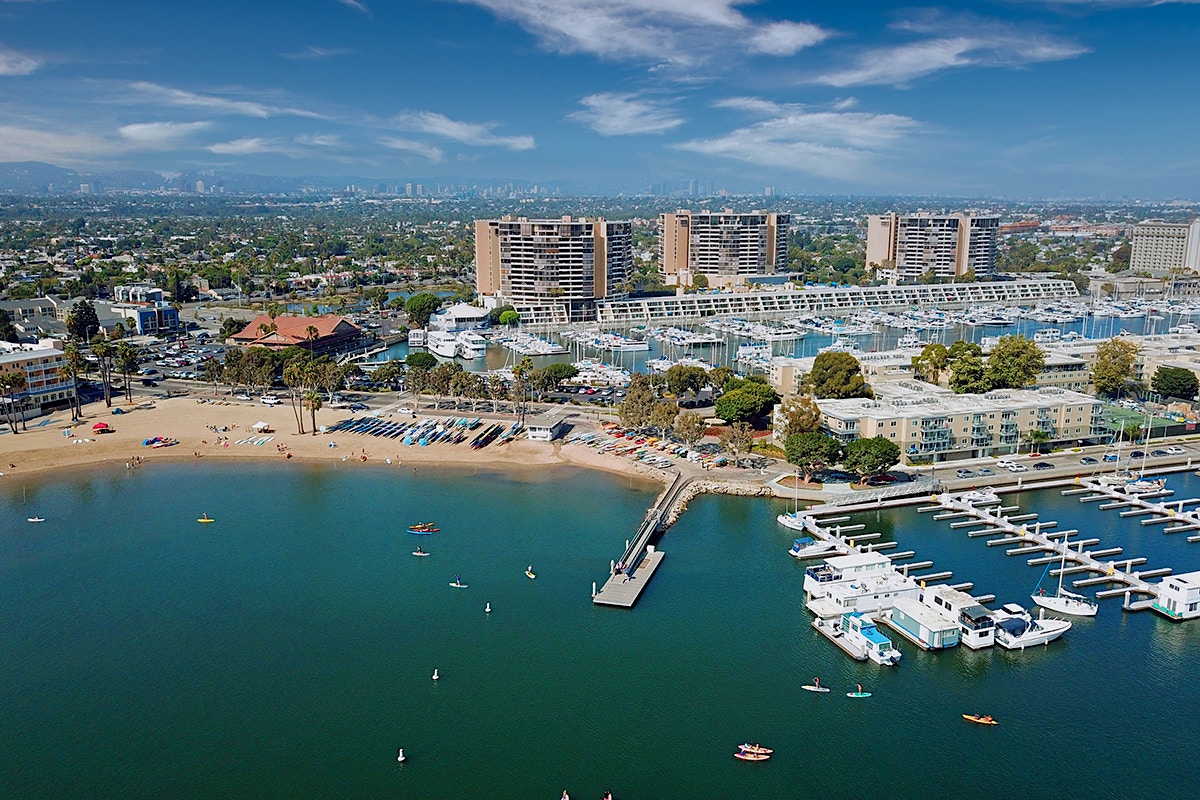 view of a marina with boats and buildings in the background